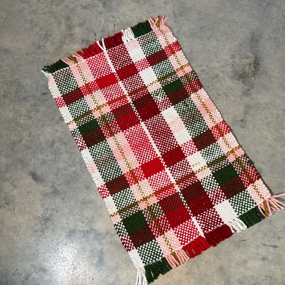 Handwoven Plaid Door Mat in Red, Green & Pink